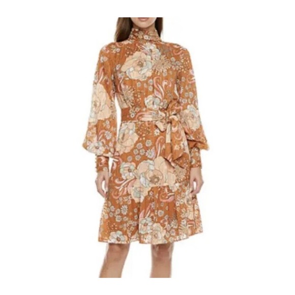 Ryegrass Large High Neck Long Sleeve Fit Flare Dress Mod Retro Rust Brown Floral - Picture 2 of 13
